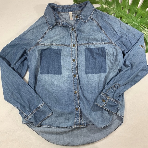 Xhilaration Tops - Lightly Distressed Denim Button Up Shirt